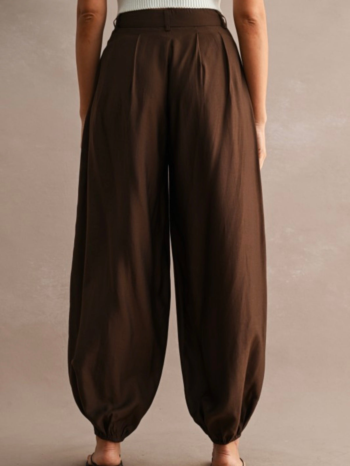 Brown High-wasted balloon leg front pleats wrap style pants