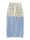 Mid blue and gold denim tube maxi skirt