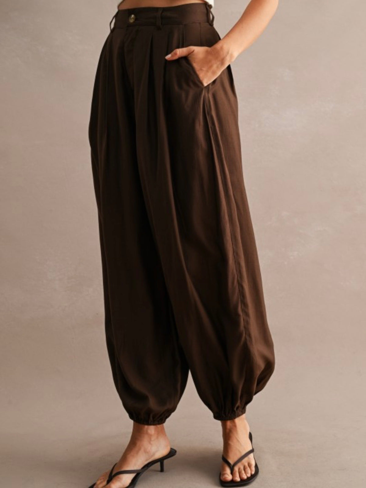 Brown High-wasted balloon leg front pleats wrap style pants