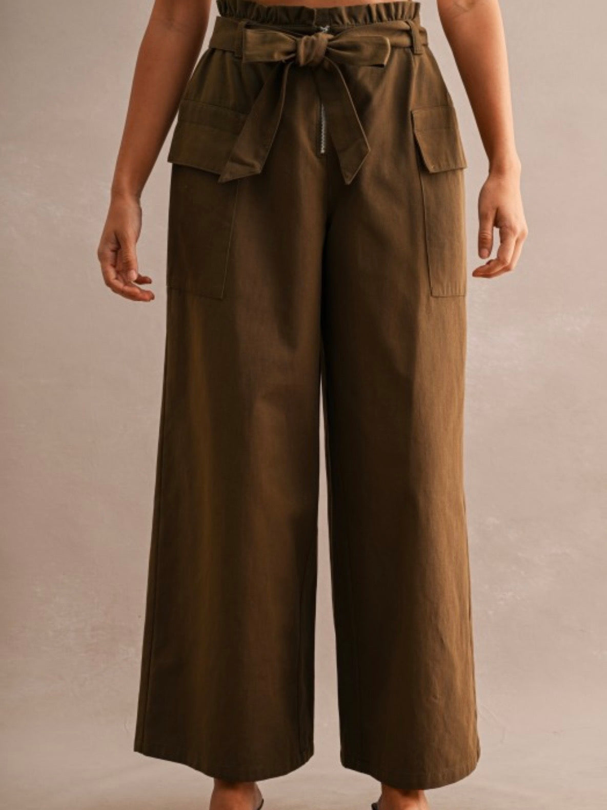 Brown High-wasted wide leg front pleats wrap style side pants