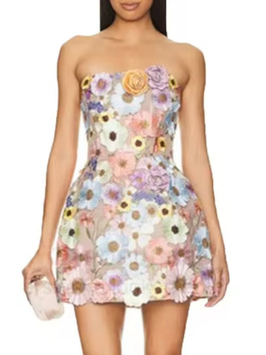 Light colors floral strapless mini dress