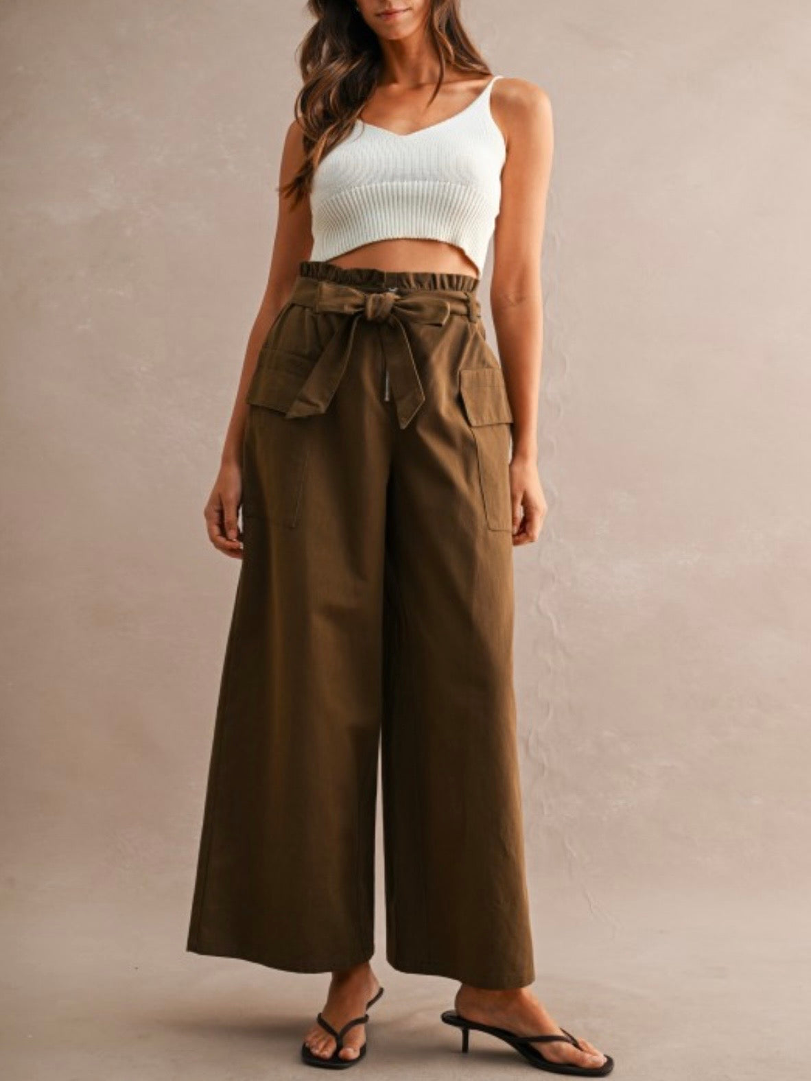 Brown High-wasted wide leg front pleats wrap style side pants