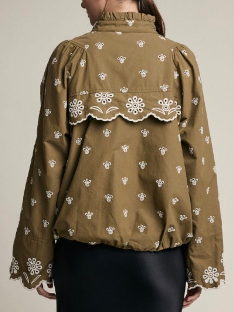 Green olive zipper embroidered details jacket