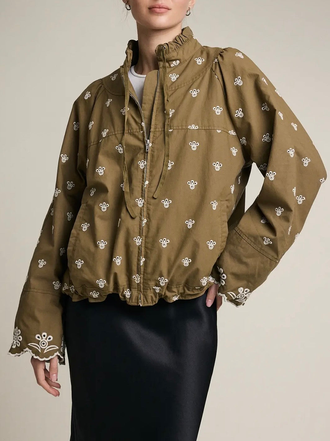 Green olive zipper embroidered details jacket