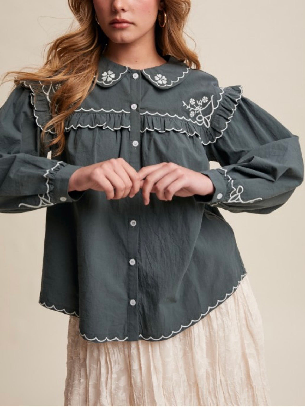 Deep green denim embroidered shirt