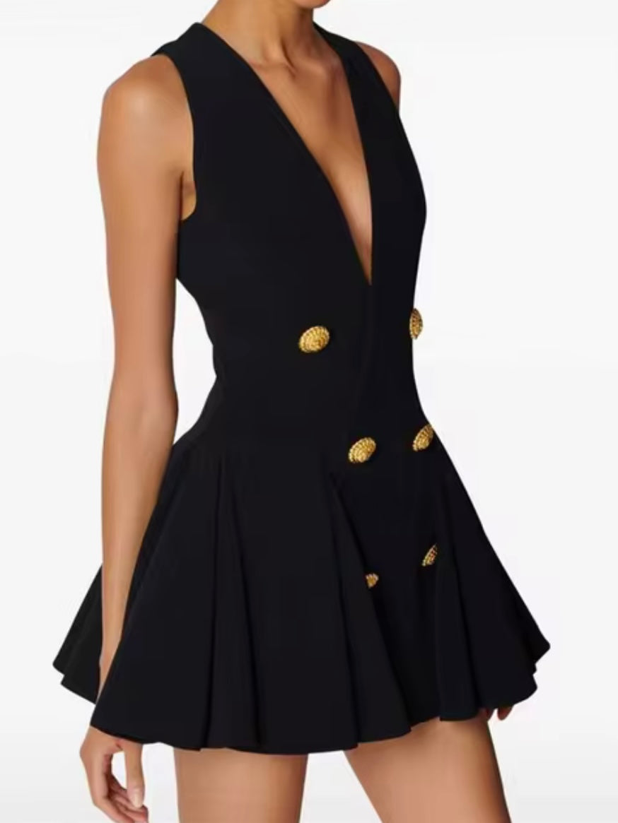 Black deep V neck sleeveless mini dress