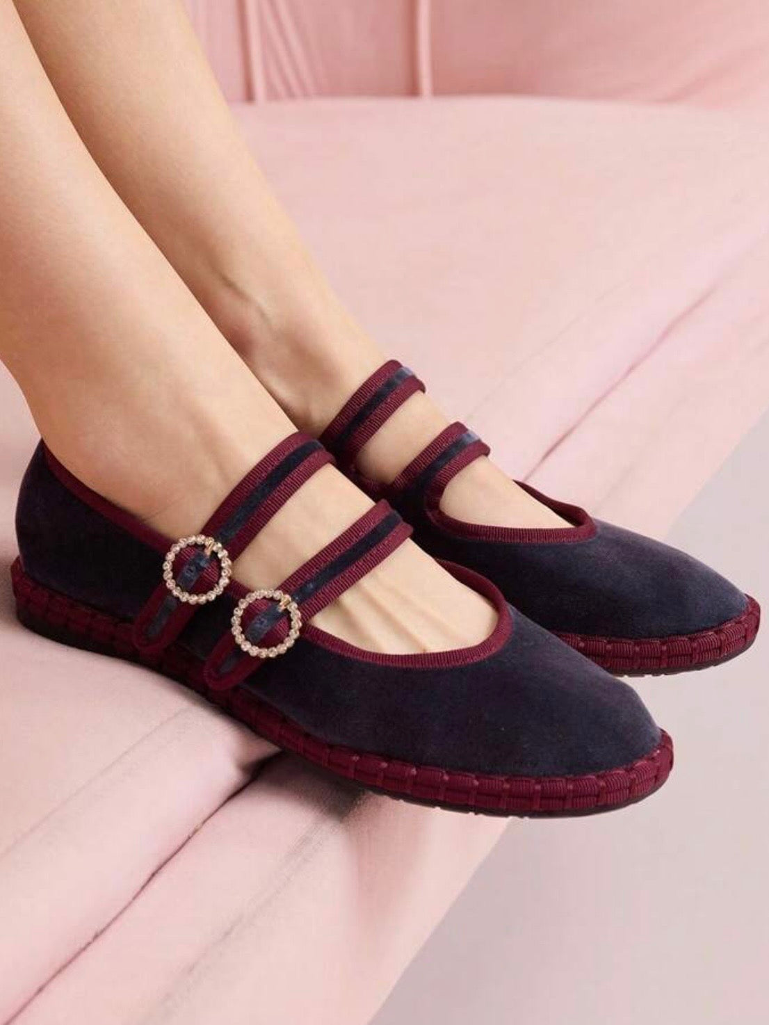 Blue ballet burgundy edges double strap flats shoes
