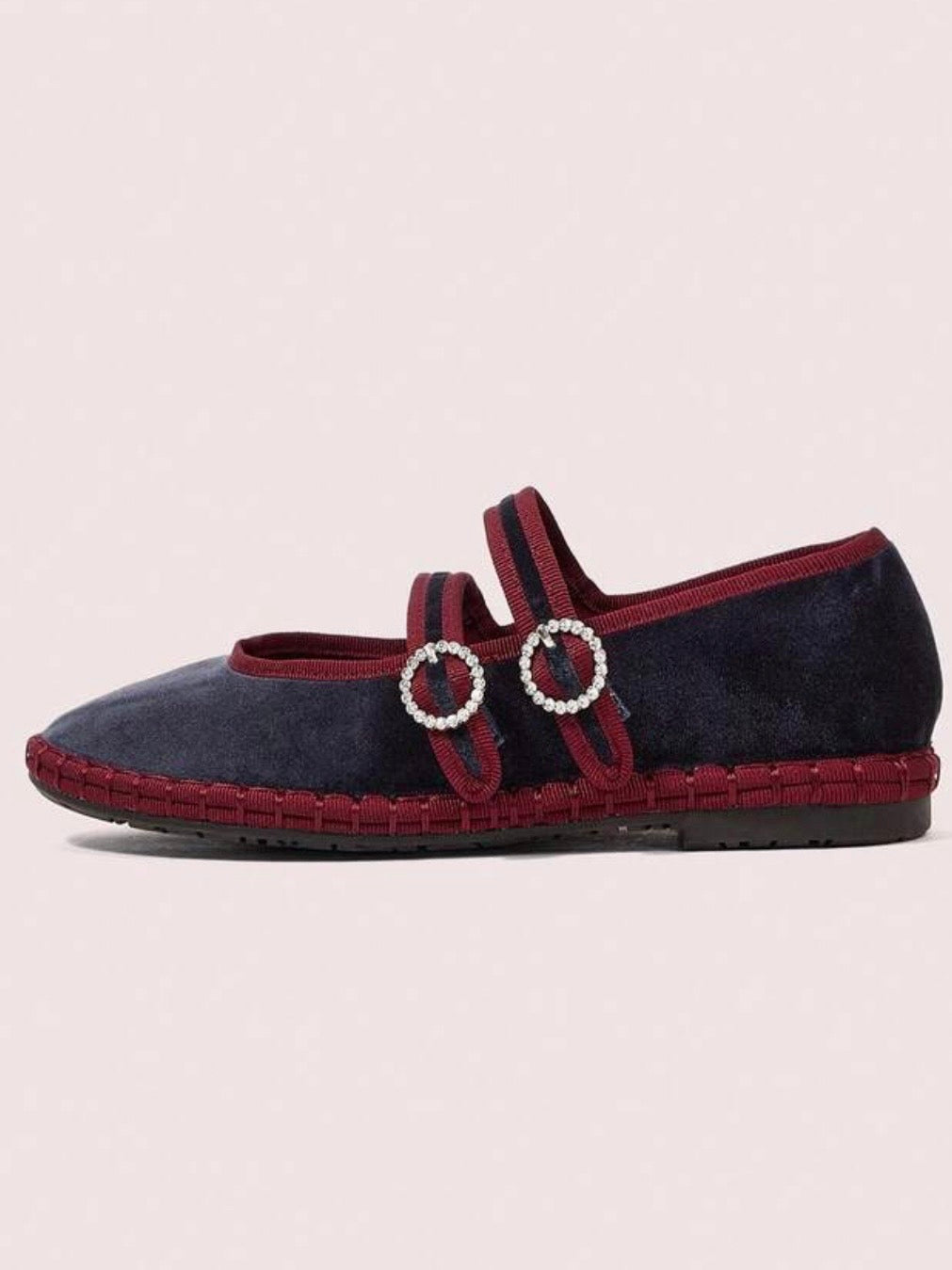 Blue ballet burgundy edges double strap flats shoes