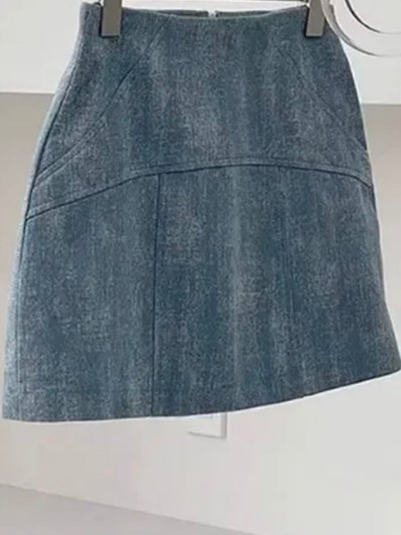 Light blue denim set top and mini skirt