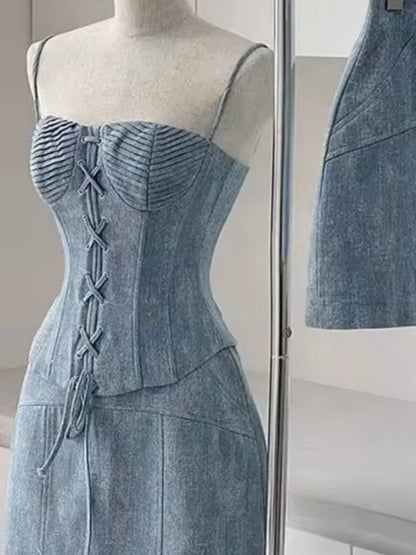 Light blue denim set top and mini skirt