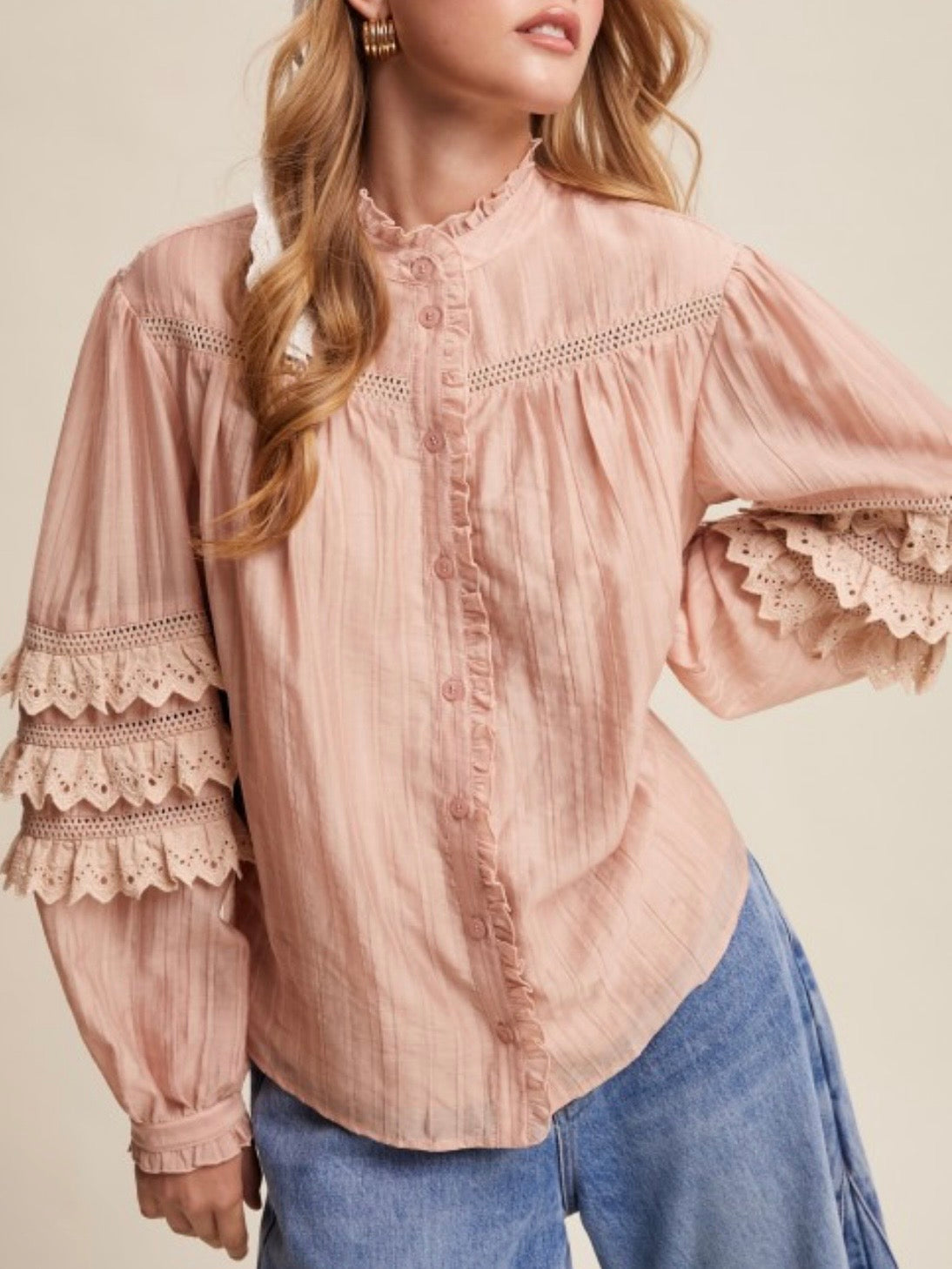Rose embroidered ruffle bomber long sleeves shirt