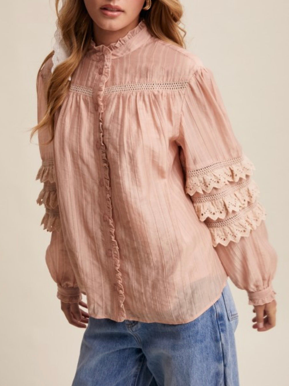 Rose embroidered ruffle bomber long sleeves shirt