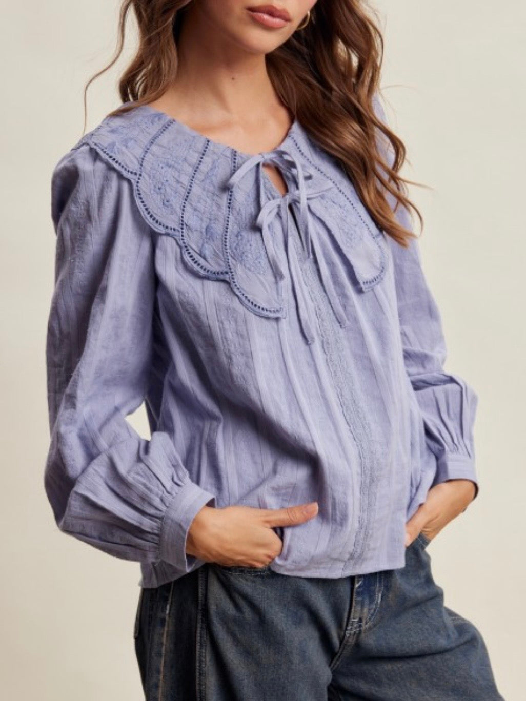 Blue long sleeves big neck blouse top