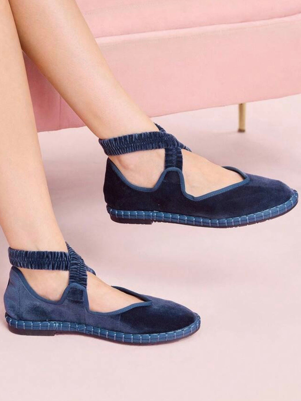 Blue ballet elastic ankle strap flats shoes