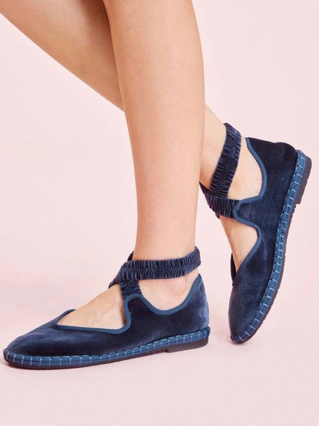 Blue ballet elastic ankle strap flats shoes