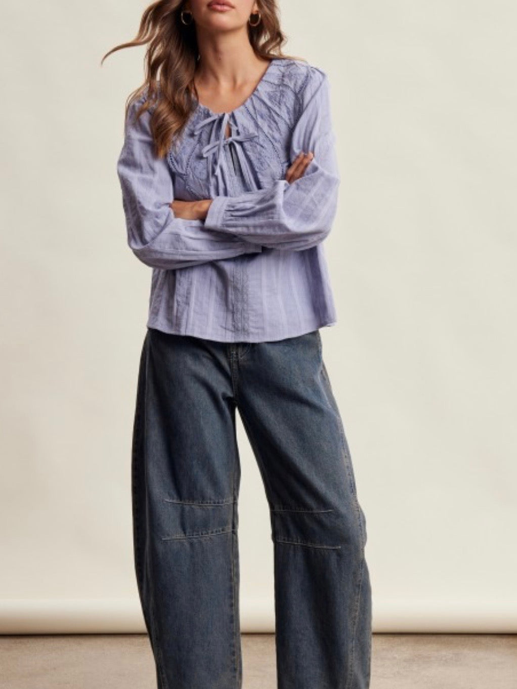 Blue long sleeves big neck blouse top