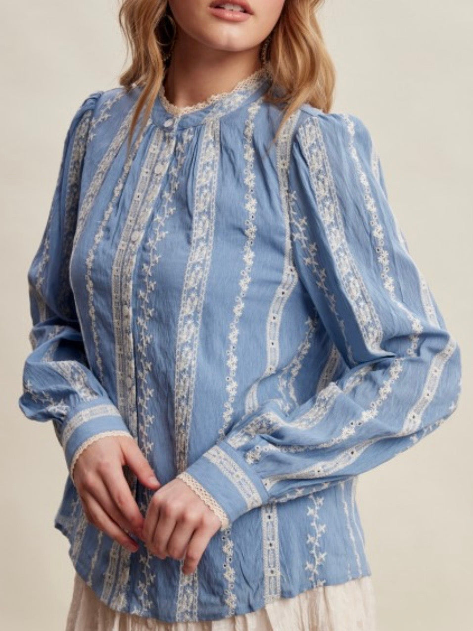 Blue embroidered floral long sleeves shirt