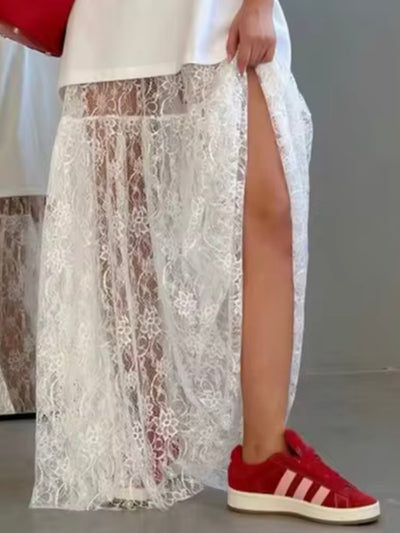 Off White lace fabric wide maxi skirt