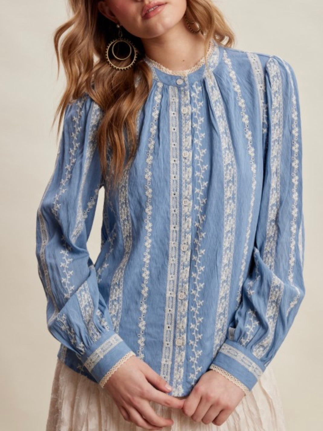Blue embroidered floral long sleeves shirt