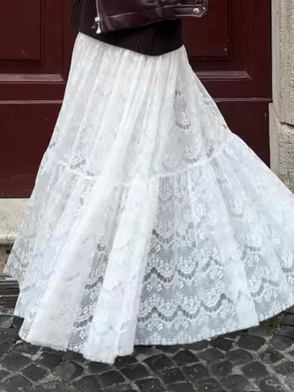 White lace fabric wide maxi skirt