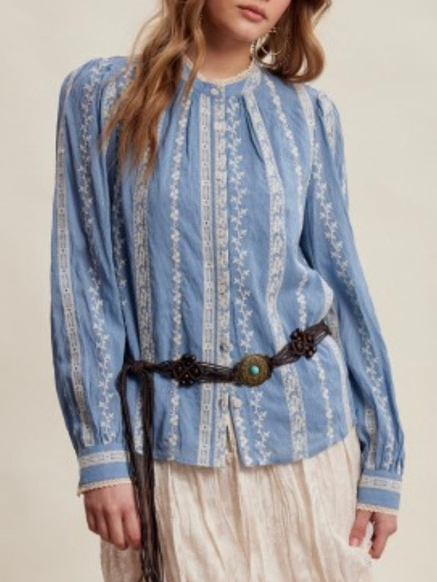 Blue embroidered floral long sleeves shirt