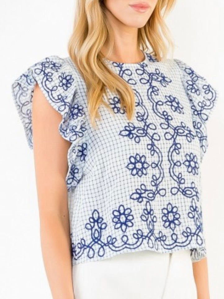 Blue checkered embroidered sleeveless crop top