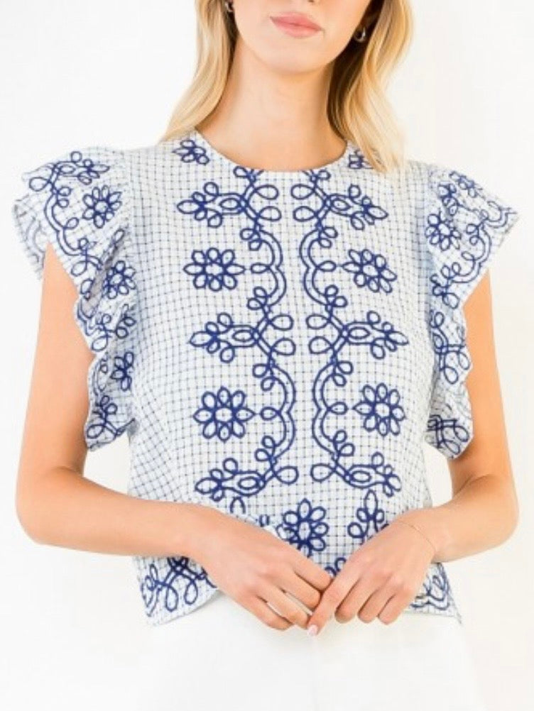 Blue checkered embroidered sleeveless crop top