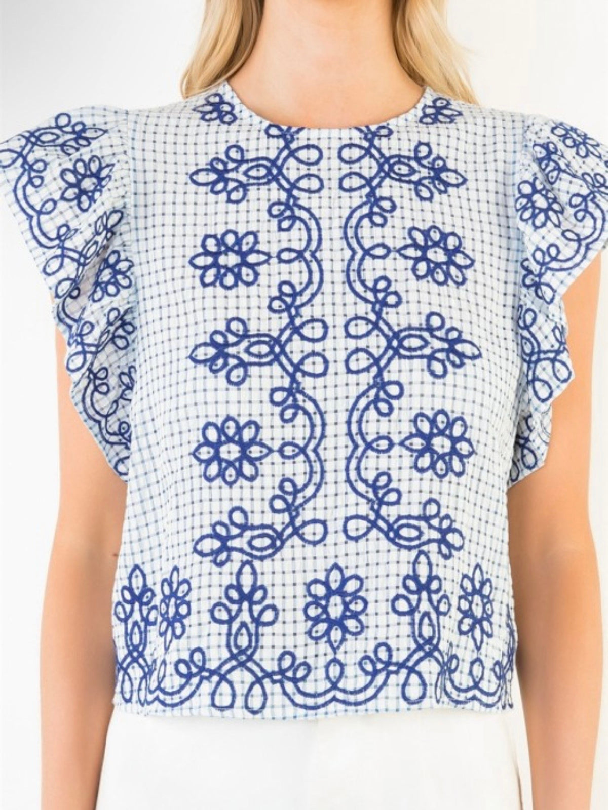 Blue checkered embroidered sleeveless crop top