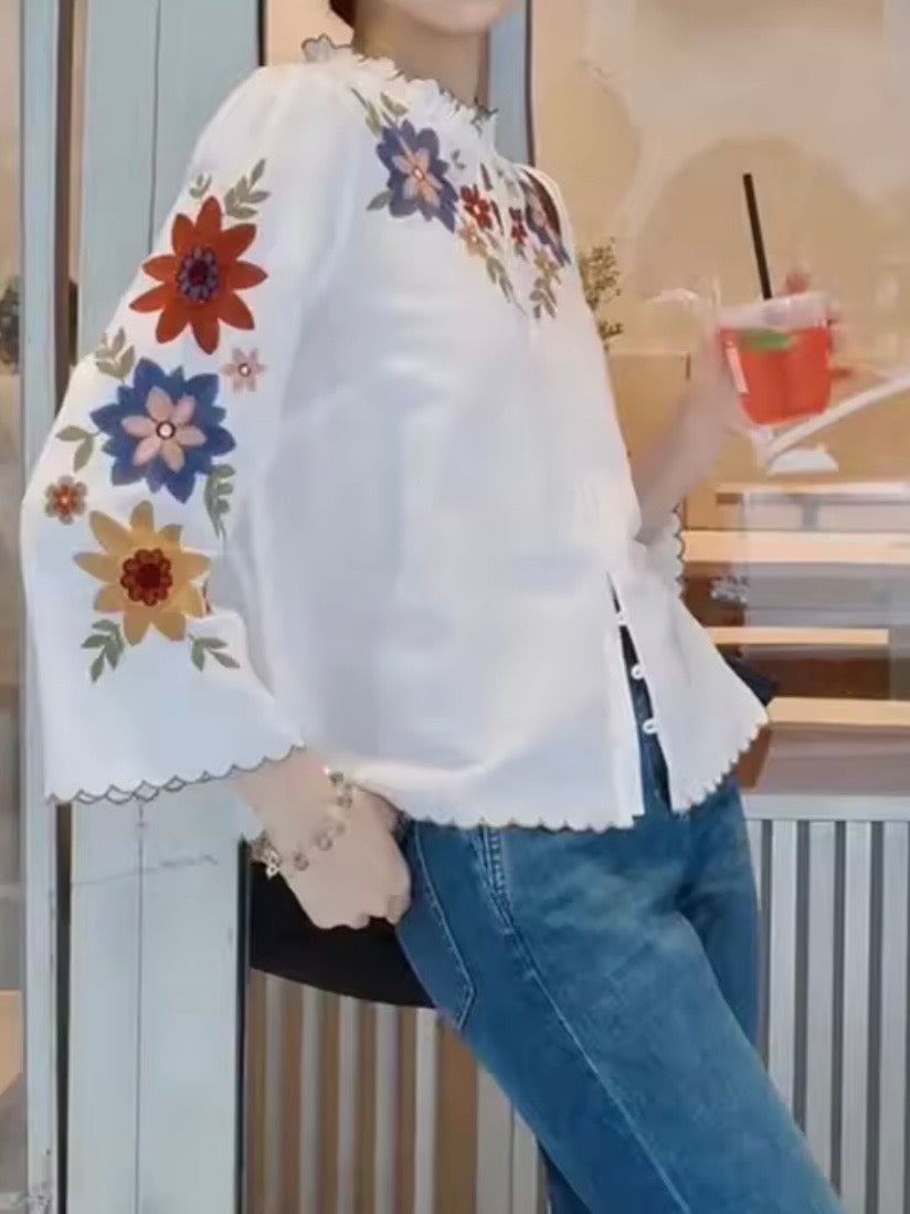 White floral long sleeves blouse top