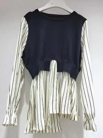Off white and black asymmetric mix fabrics top sweater
