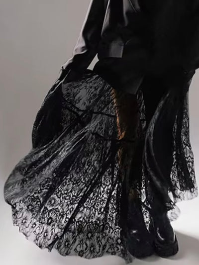 Black lace fabric wide maxi skirt