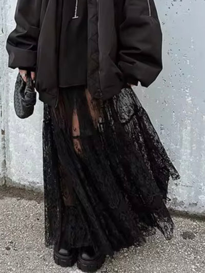 Black lace fabric wide maxi skirt