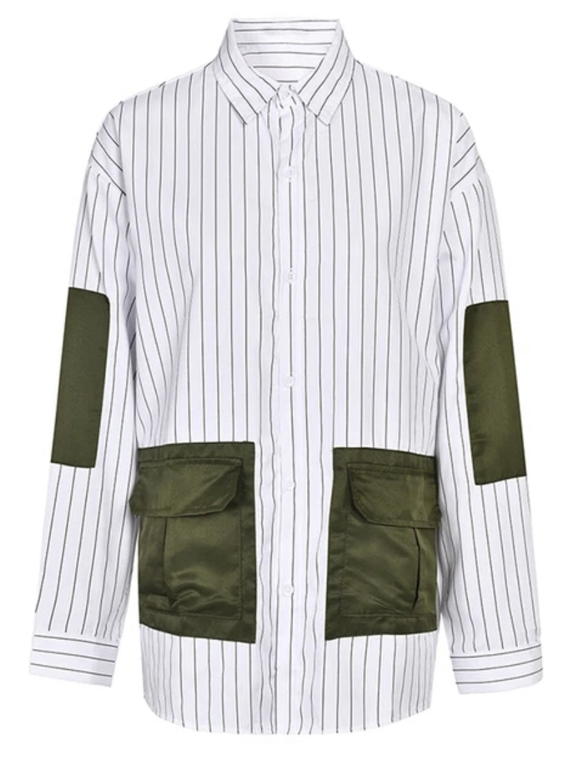 White and dark green pockets mix fabrics shirt
