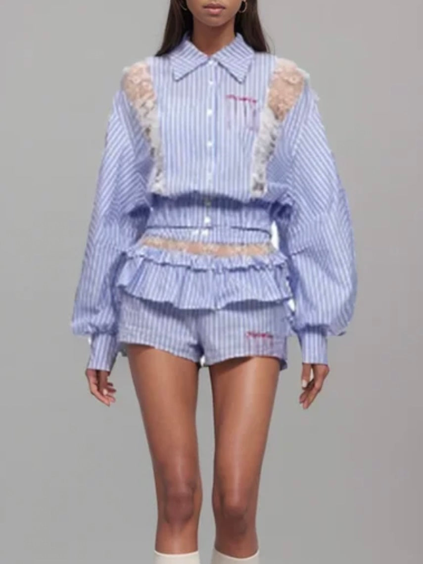 Light blue striped set shirt and mini skirt