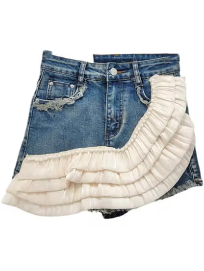 Blue jeans denim white ruffles and pearls shorts pants