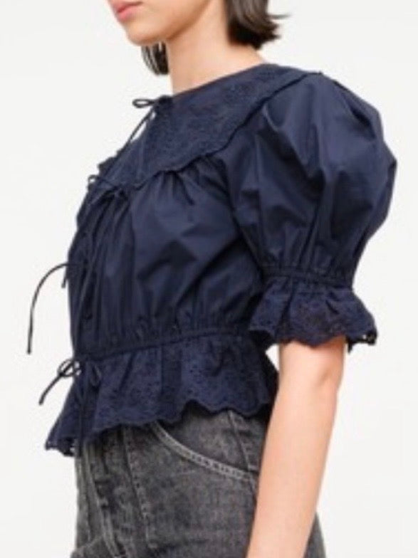 Navy blue embroidered shirt puff sleeve blouse with front ties