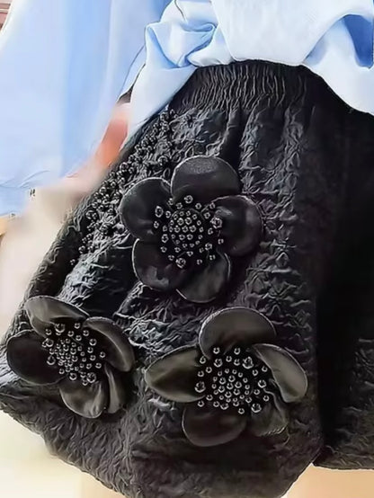 Black 3D flowers and pearls shorts pants