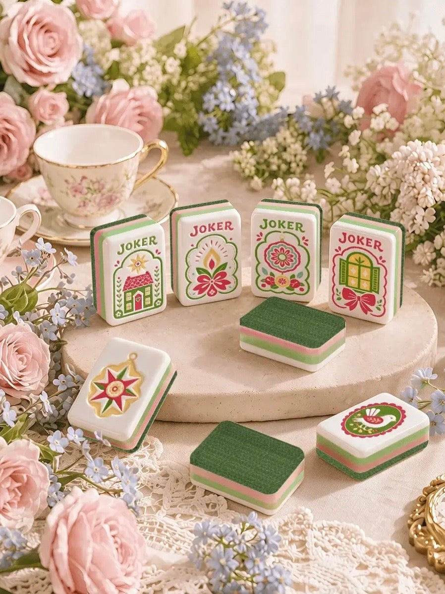 White, green and pink pagodas and birds Mahjong tiles set