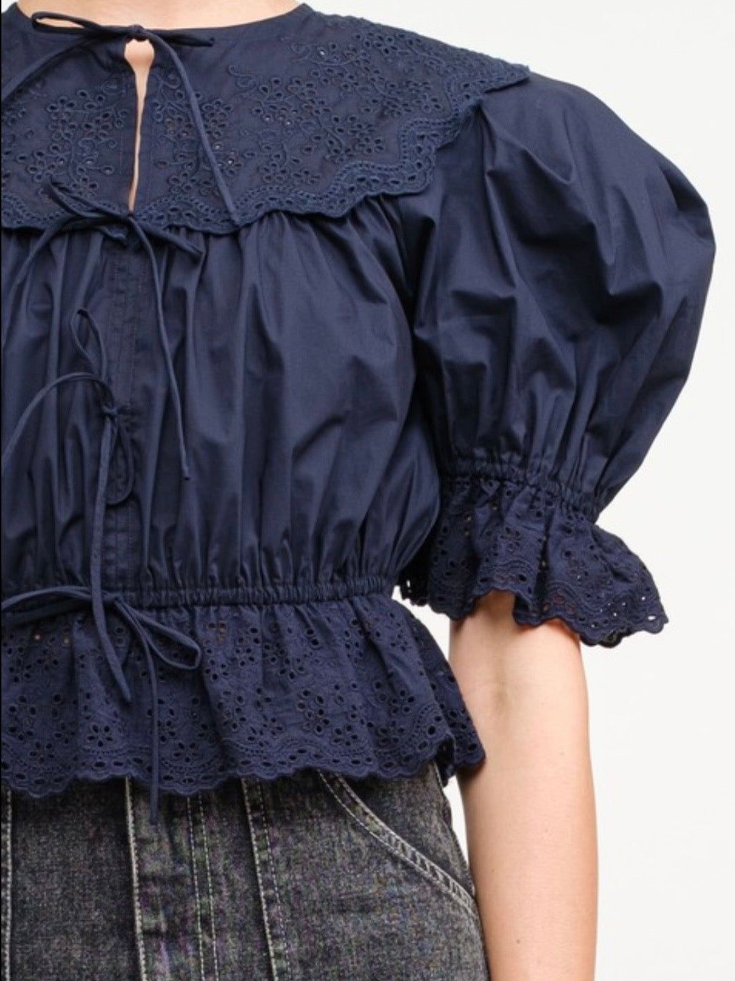 Navy blue embroidered shirt puff sleeve blouse with front ties