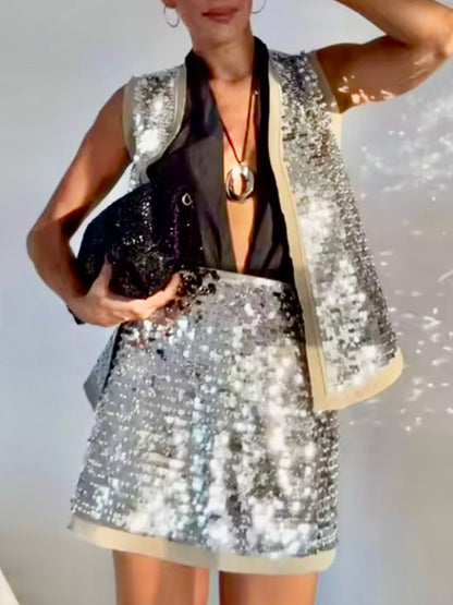 Silver sequins set of 2 vest top and shorts pants