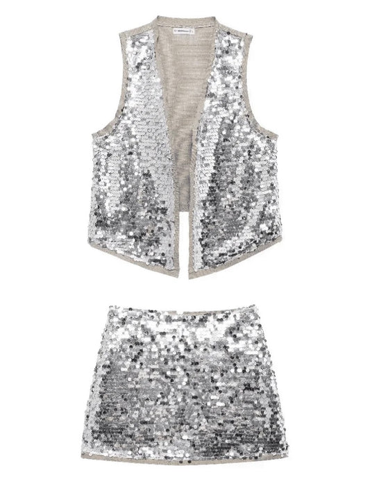 Silver sequins set of 2 vest top and shorts pants