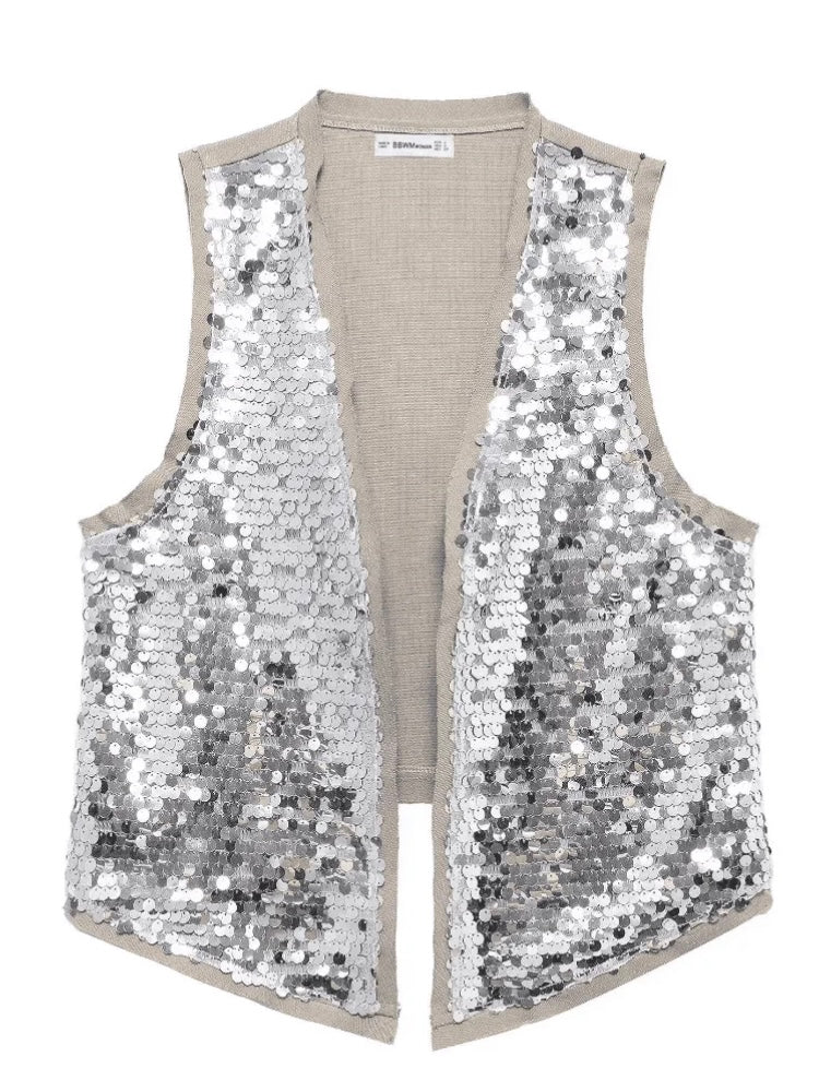 Silver sequins set of 2 vest top and shorts pants