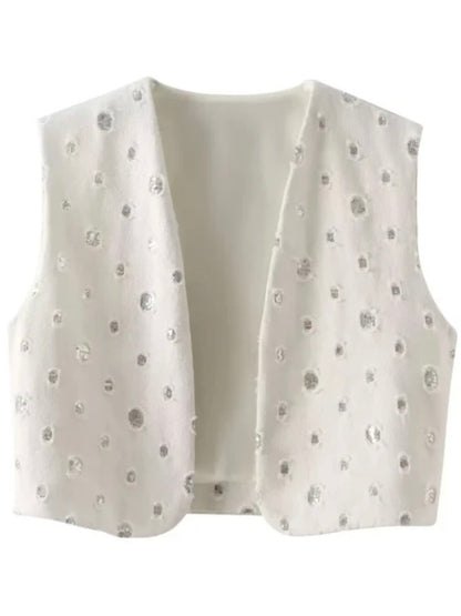 White cutout sequins set of 2 vest top and shorts pants