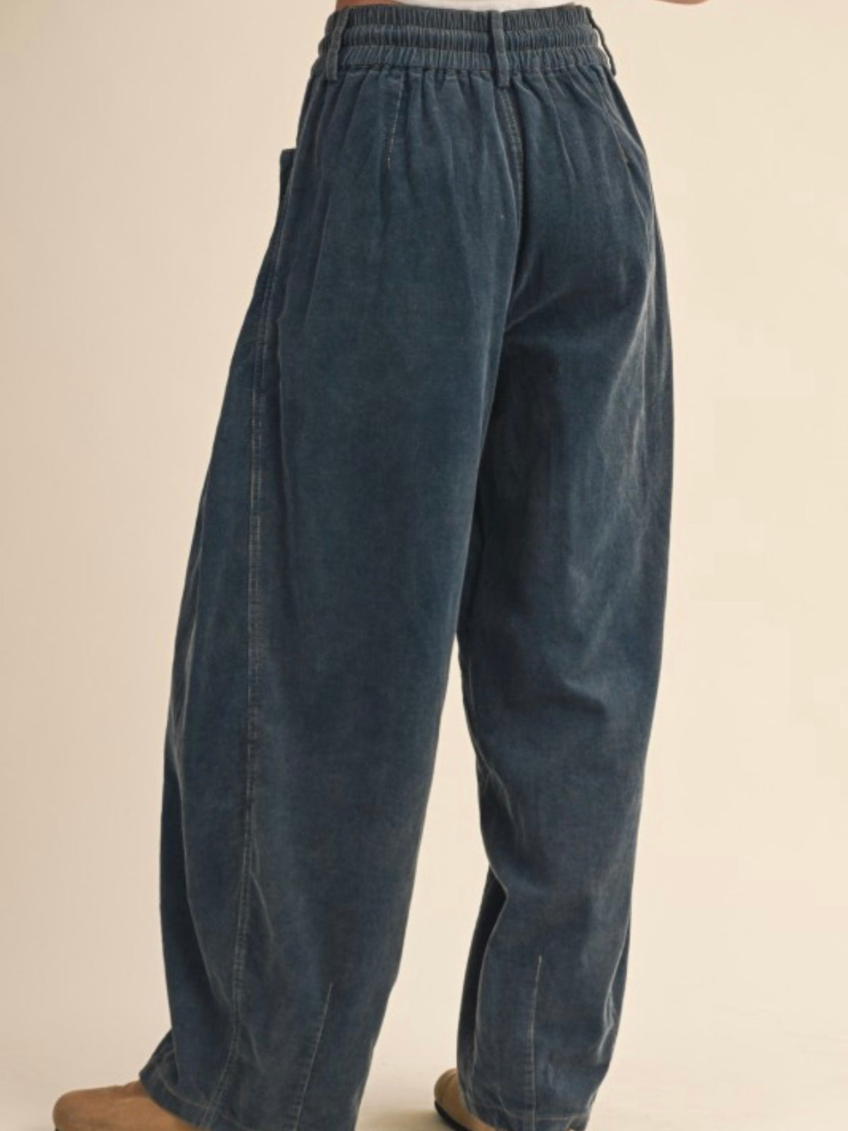 Blue corduroy drawstring barrel pants
