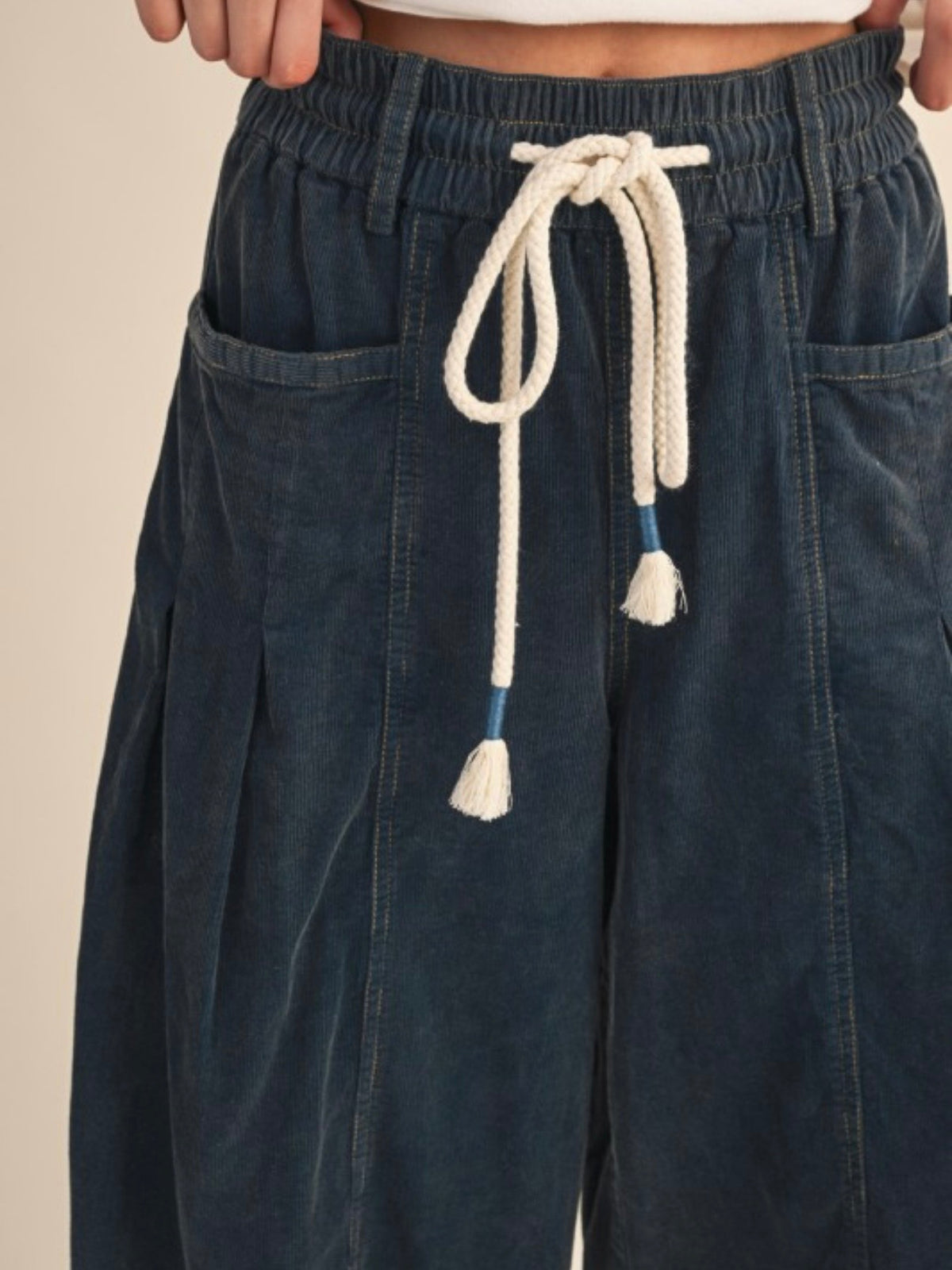 Blue corduroy drawstring barrel pants