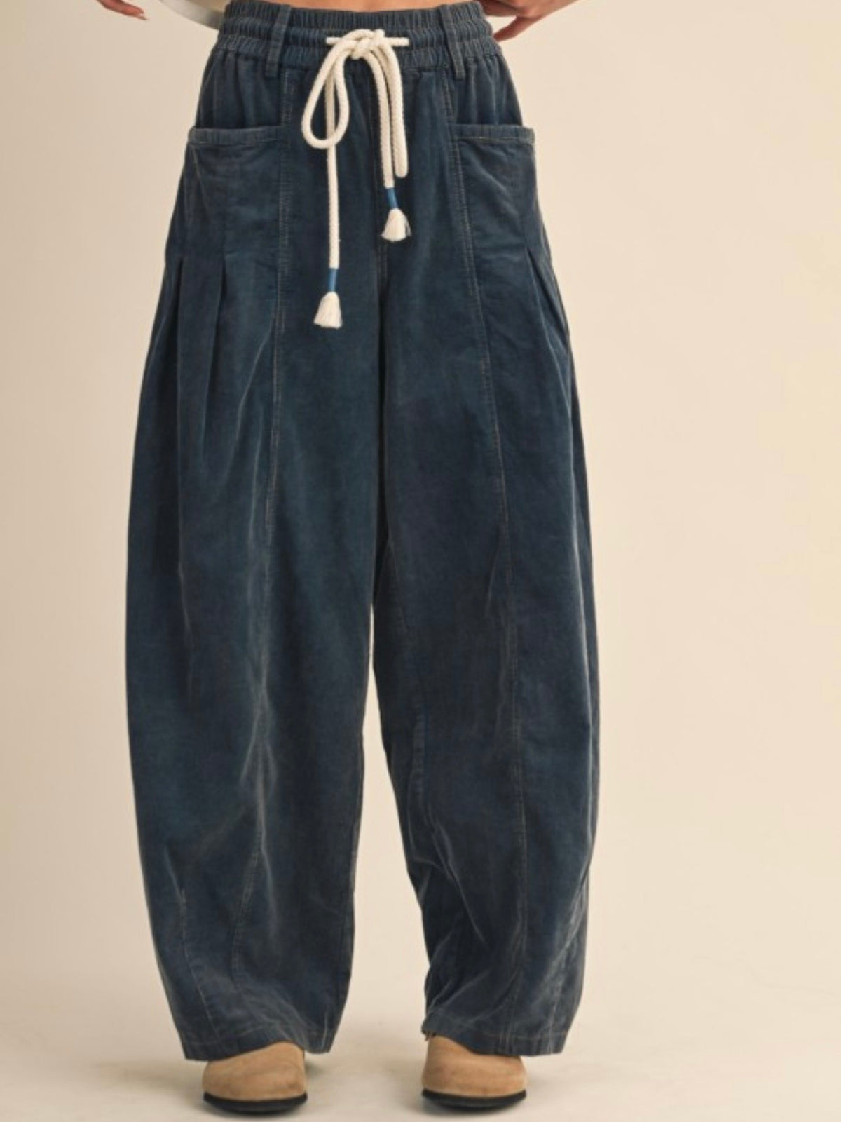Blue corduroy drawstring barrel pants