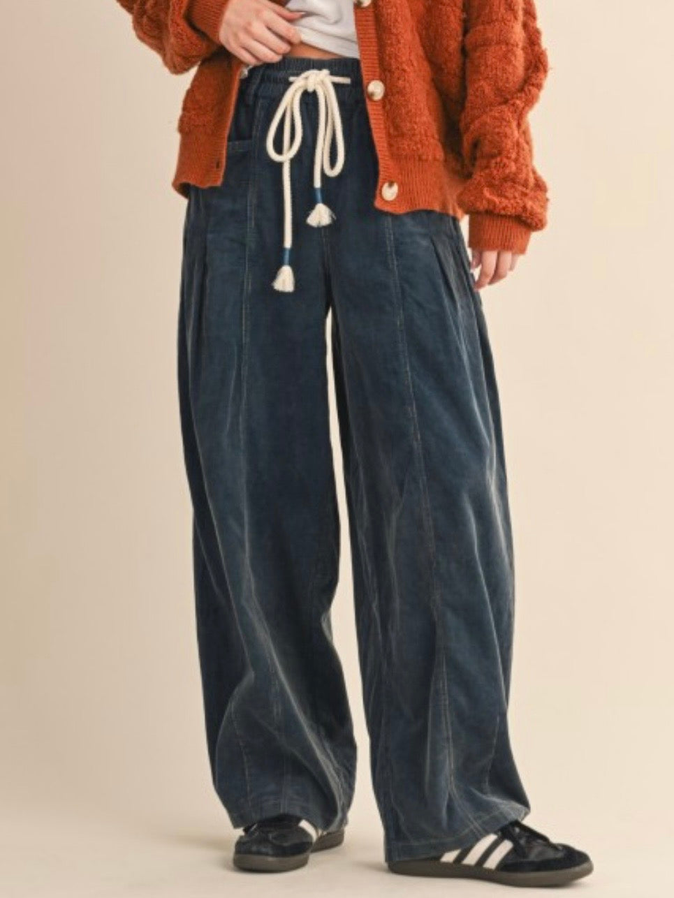 Blue corduroy drawstring barrel pants