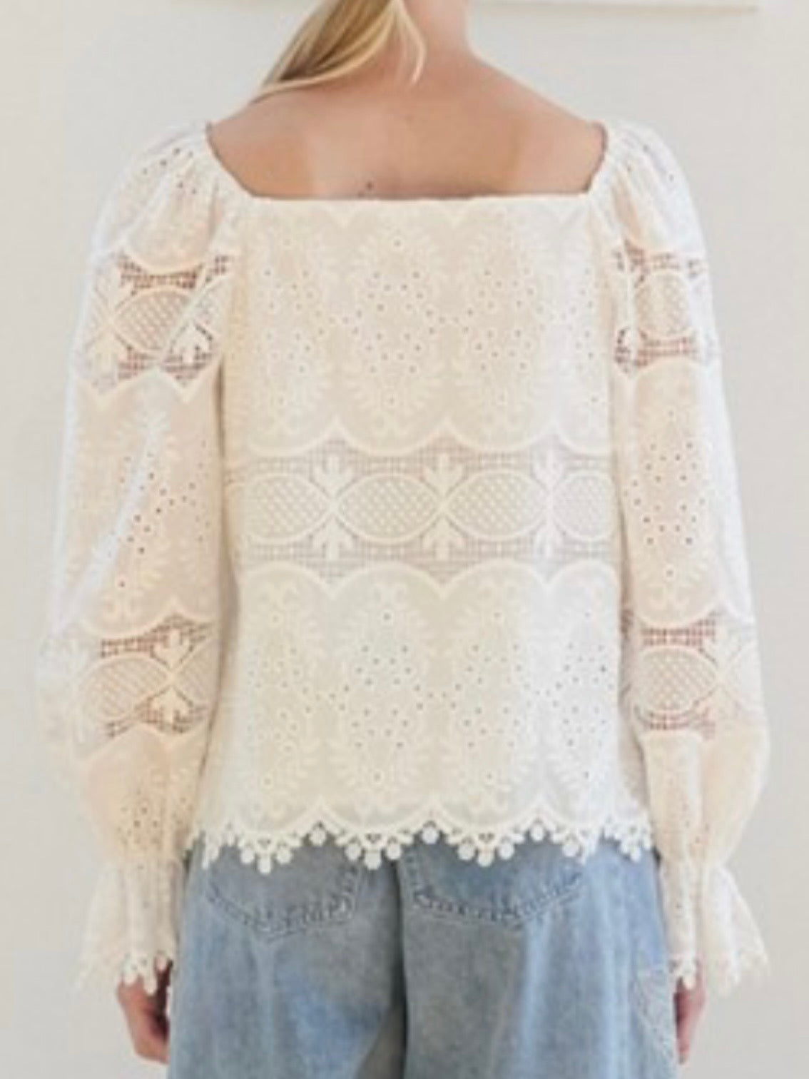 Beige crochet long sleeves top blouse
