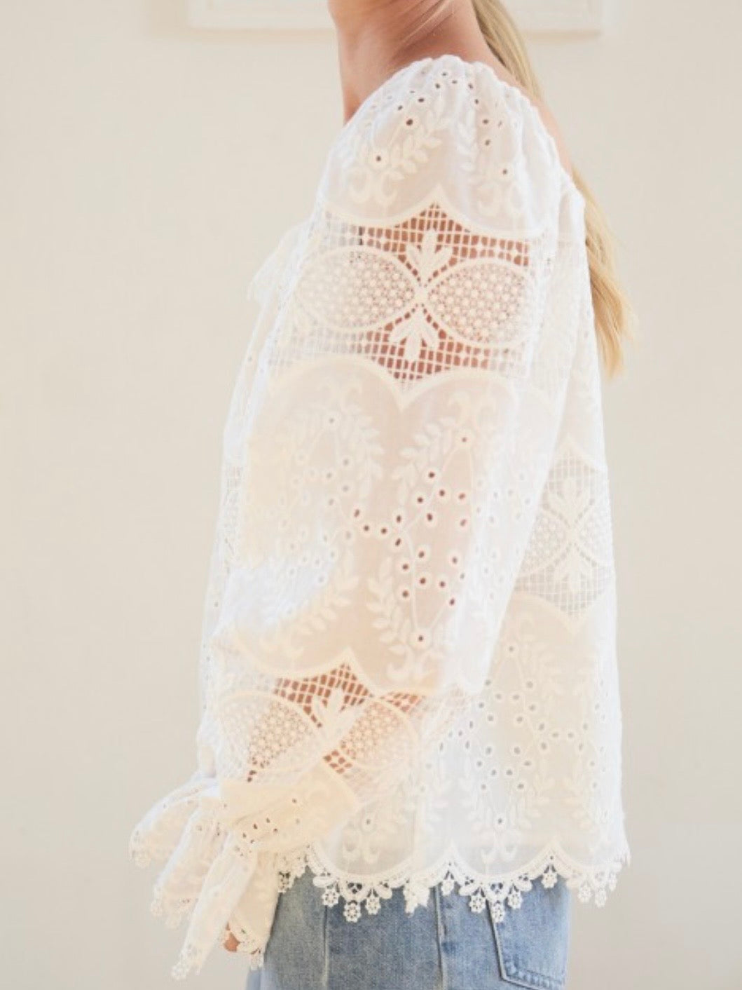 Beige crochet long sleeves top blouse