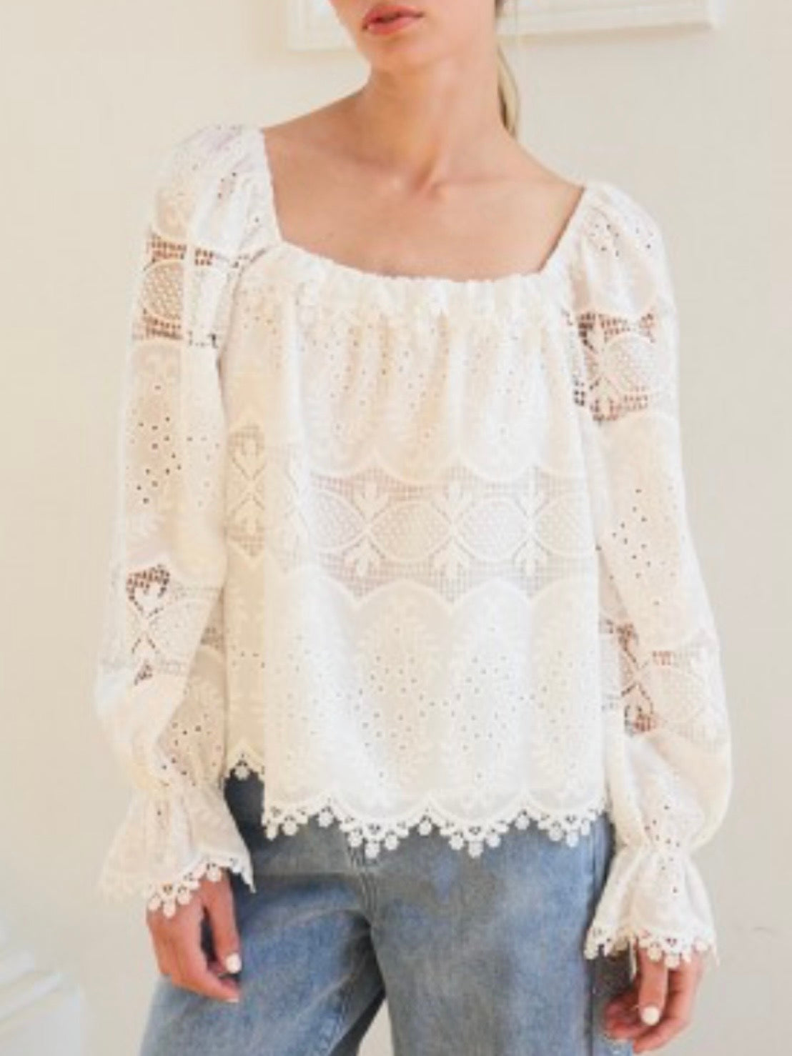 Beige crochet long sleeves top blouse